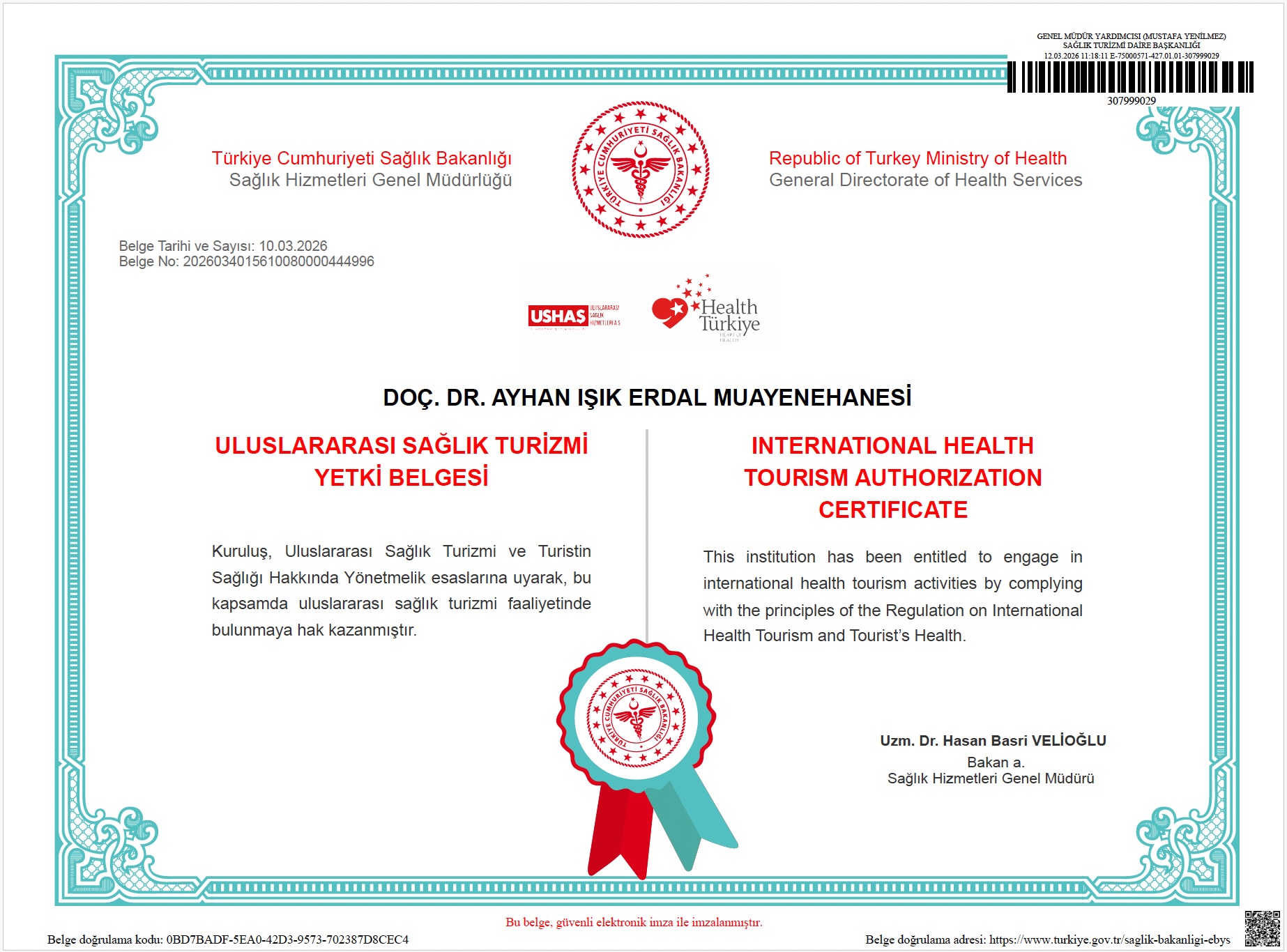 T.C. Sağlık Bakanlığı Uluslararası Sağlık Turizmi Yetki Belgesi